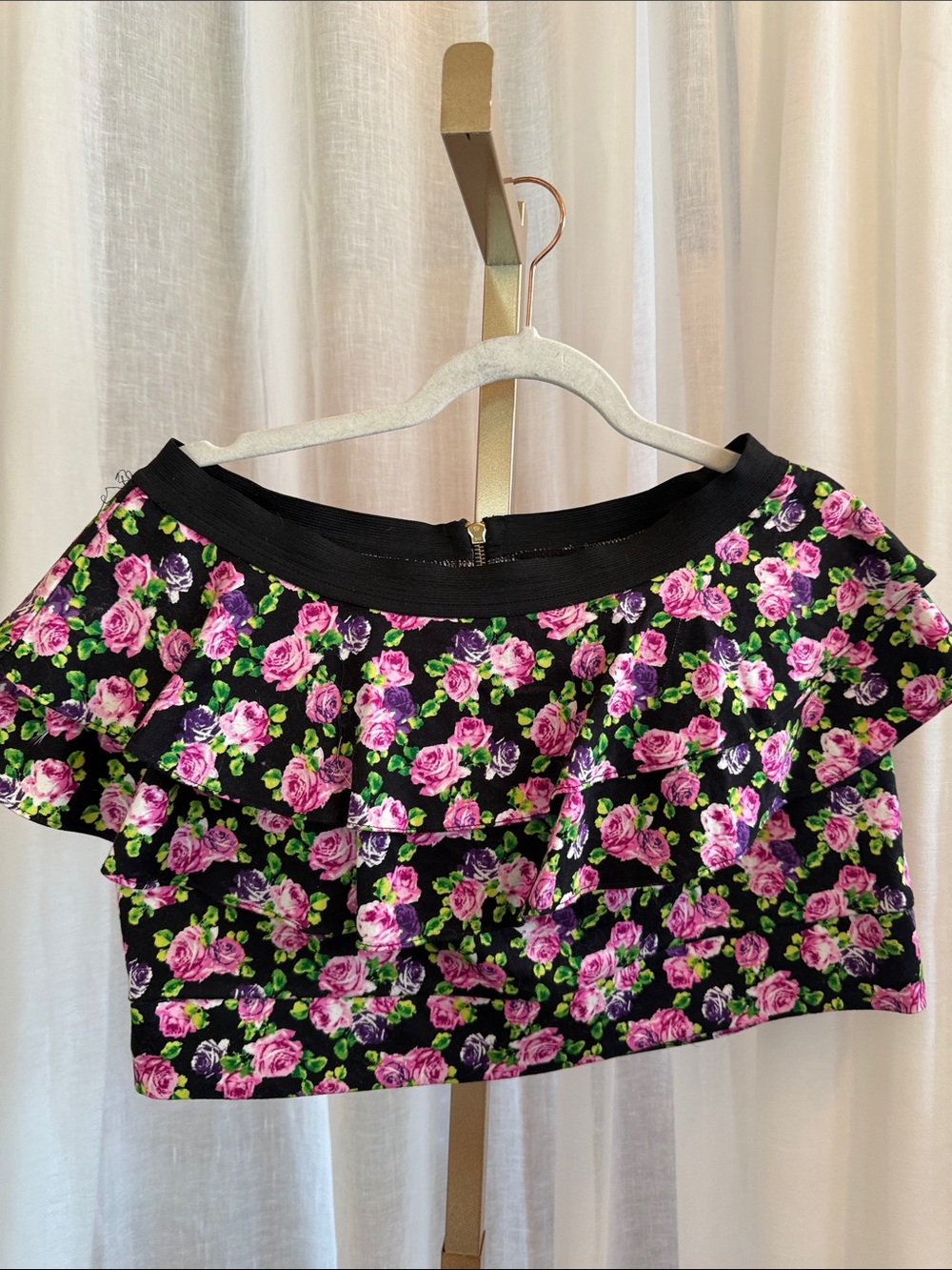 Material Girl Black Crop Top with Pink and Green Floral Print